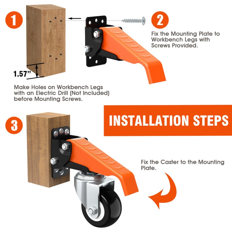 Ronlap Workbench Casters Wheels Kit 660 Lbs Capacity Retractable Casters Set of 4 Heavy Duty Side Mount 2.5" Lifting Caster Work Table Tool Bench Stepdown Castors Wheels 4 Pack - Image 4